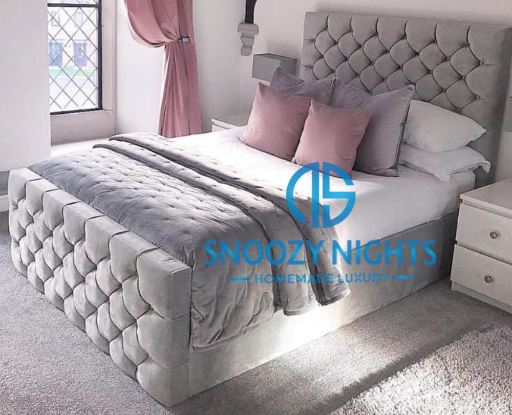 Tara Buttoned Sleigh Chesterfield Bed Frame Available with Storage Options