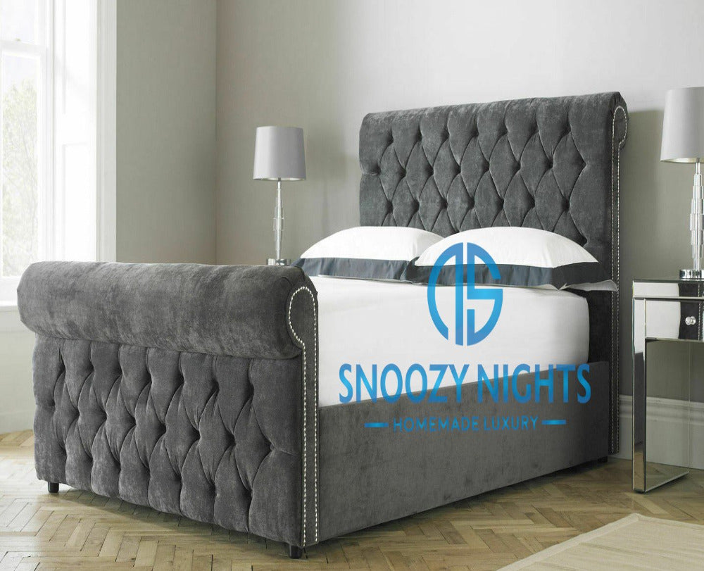Kim Scroll Sleigh Studded Upholstered Bed Frame