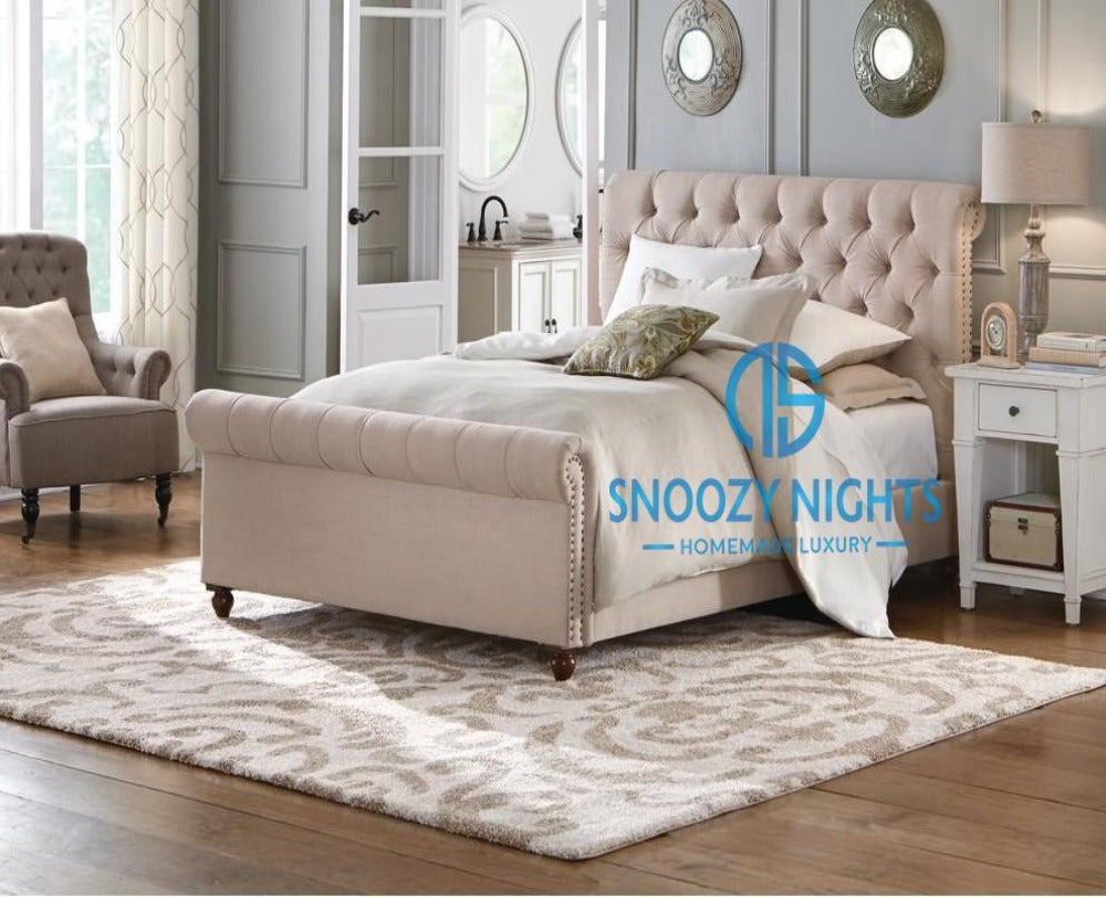 Romy Scroll Sleigh Studded Deluxe Bed Frame