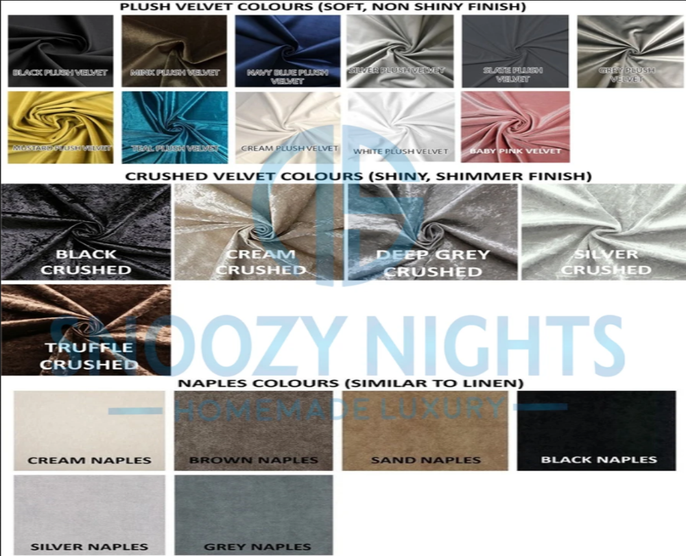 Snoozynight colours and size chart for Chesteredfiled beds
